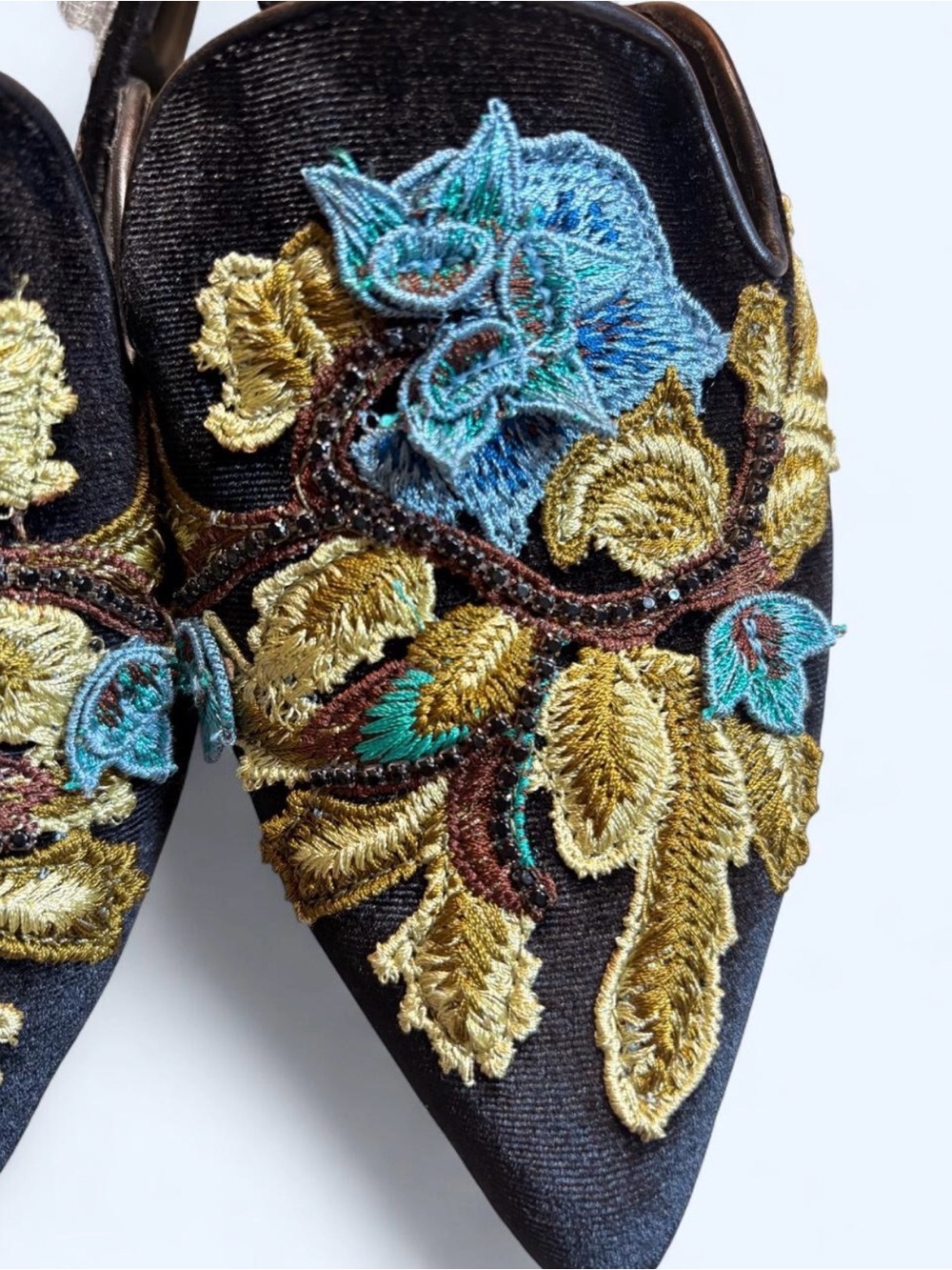 Jeffrey Campbell Black Velvet Pointed Mules with Gold & Teal Floral Embroidery - Picture 2 of 5